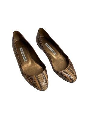 Manolo Blahnik Brown Tan Snake-Print Leather Ballet Flats Size 36.5 EU